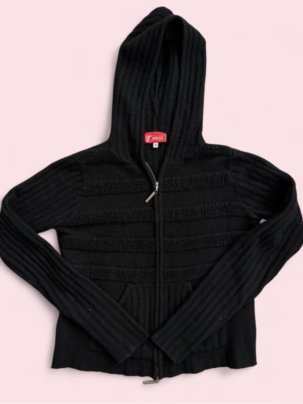 Versace Jeans Collection Black Zip-Up Ribbed Hoodie with Red Label